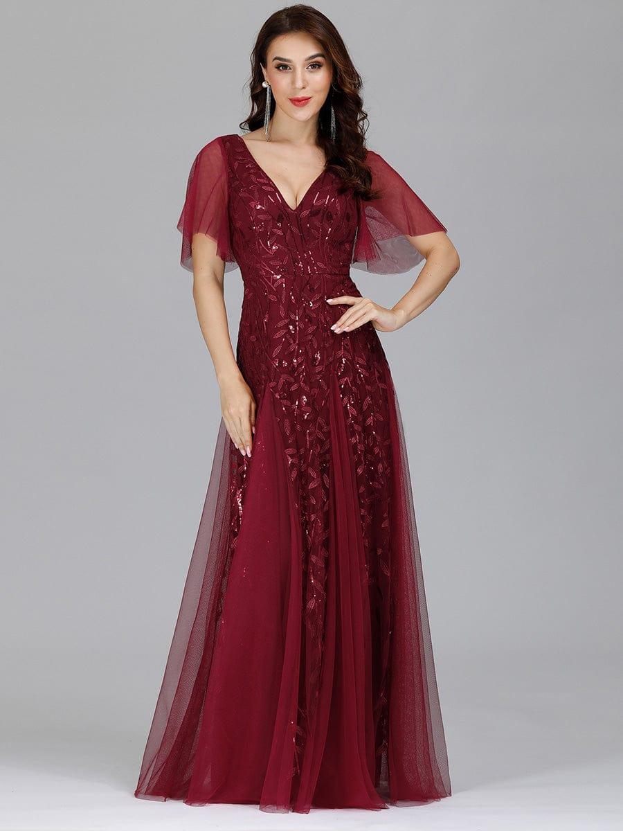 Robe de Soirée Longue Romantique et Scintillante à Col V et Pailletes #Couleur_Bordeaux