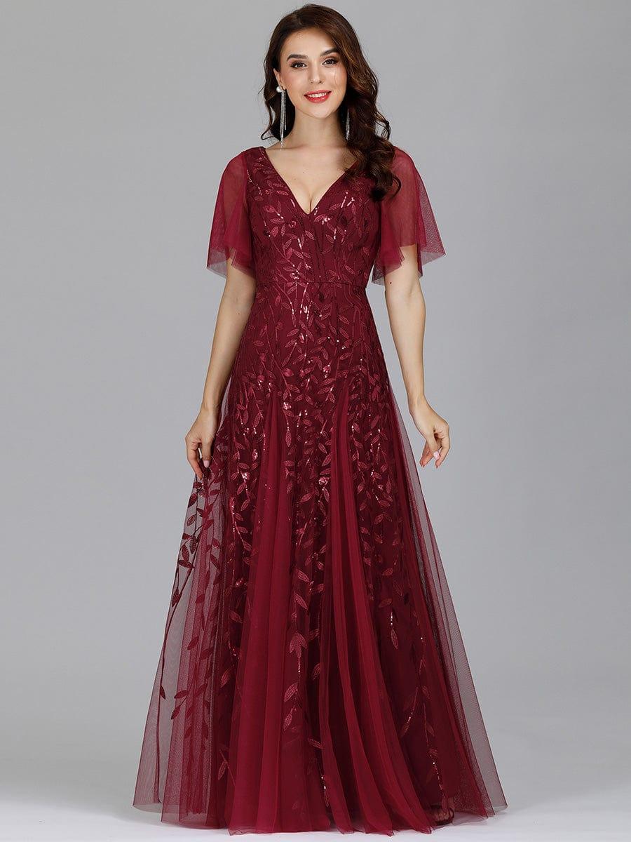 Robe de Soirée Longue Romantique et Scintillante à Col V et Pailletes #Couleur_Bordeaux