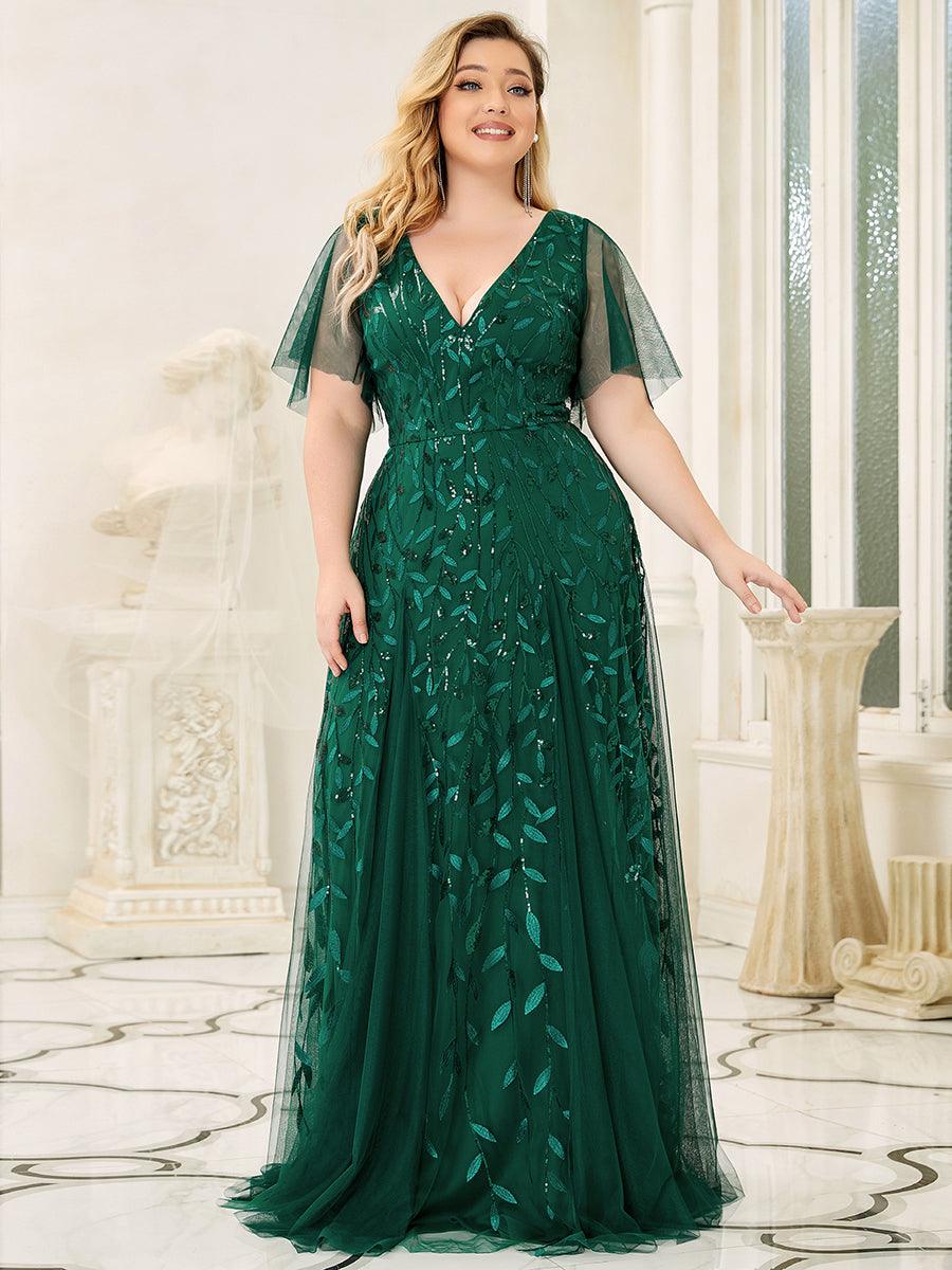 Robe de Soirée Longue Romantique et Scintillante à Col V et Pailletes #Couleur_Vert Fonce