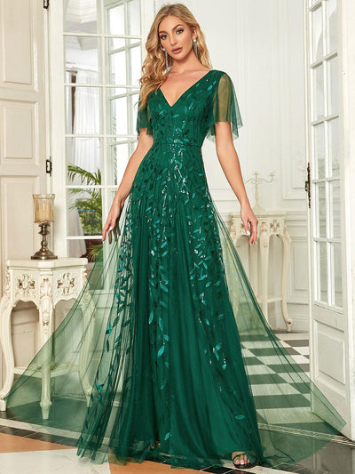 ever ASTRAL|Robe de Soirée Longue Romantique et Scintillante à Col V et Pailletes