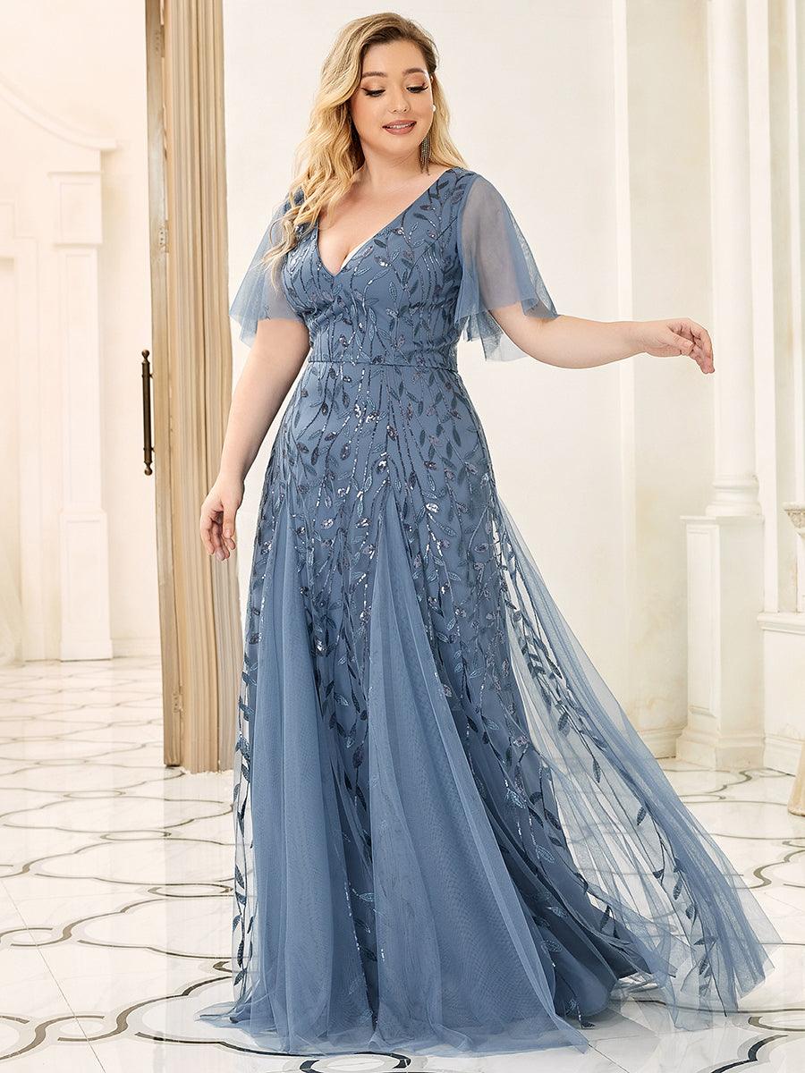 Robe de Soirée Longue Romantique et Scintillante à Col V et Pailletes #Couleur_Marine Fume
