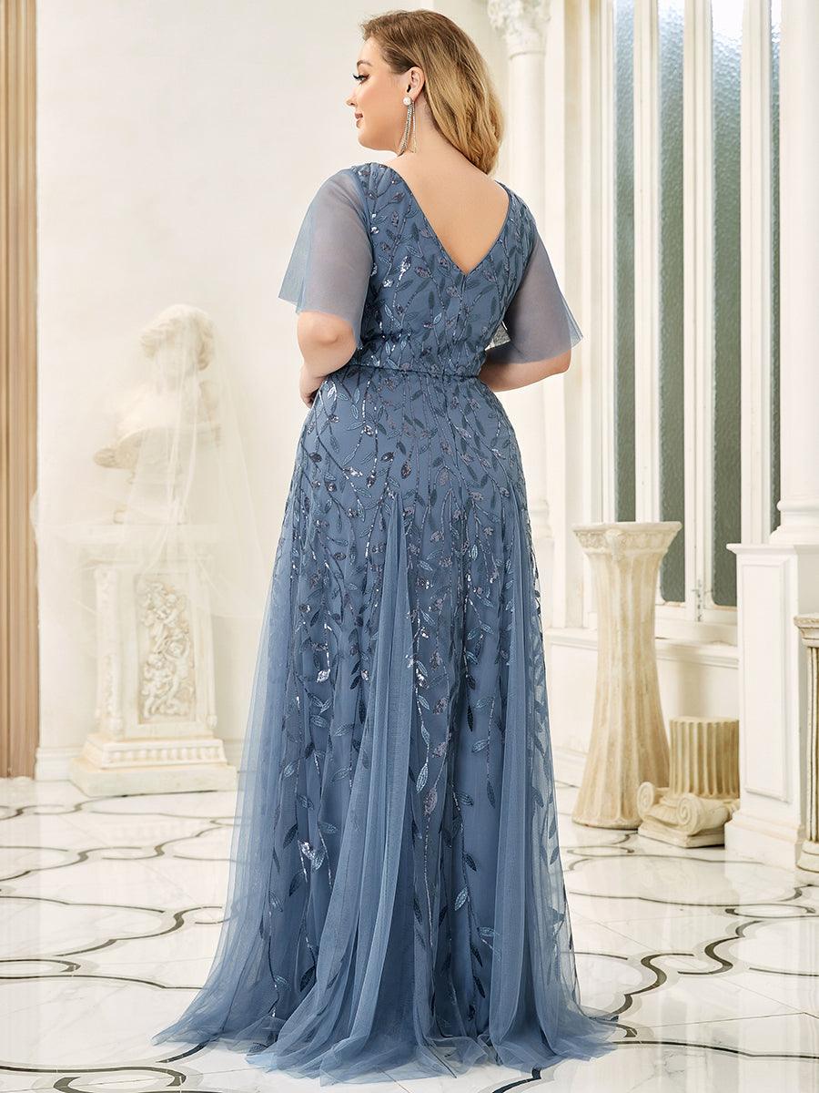 Robe de Soirée Longue Romantique et Scintillante à Col V et Pailletes #Couleur_Marine Fume