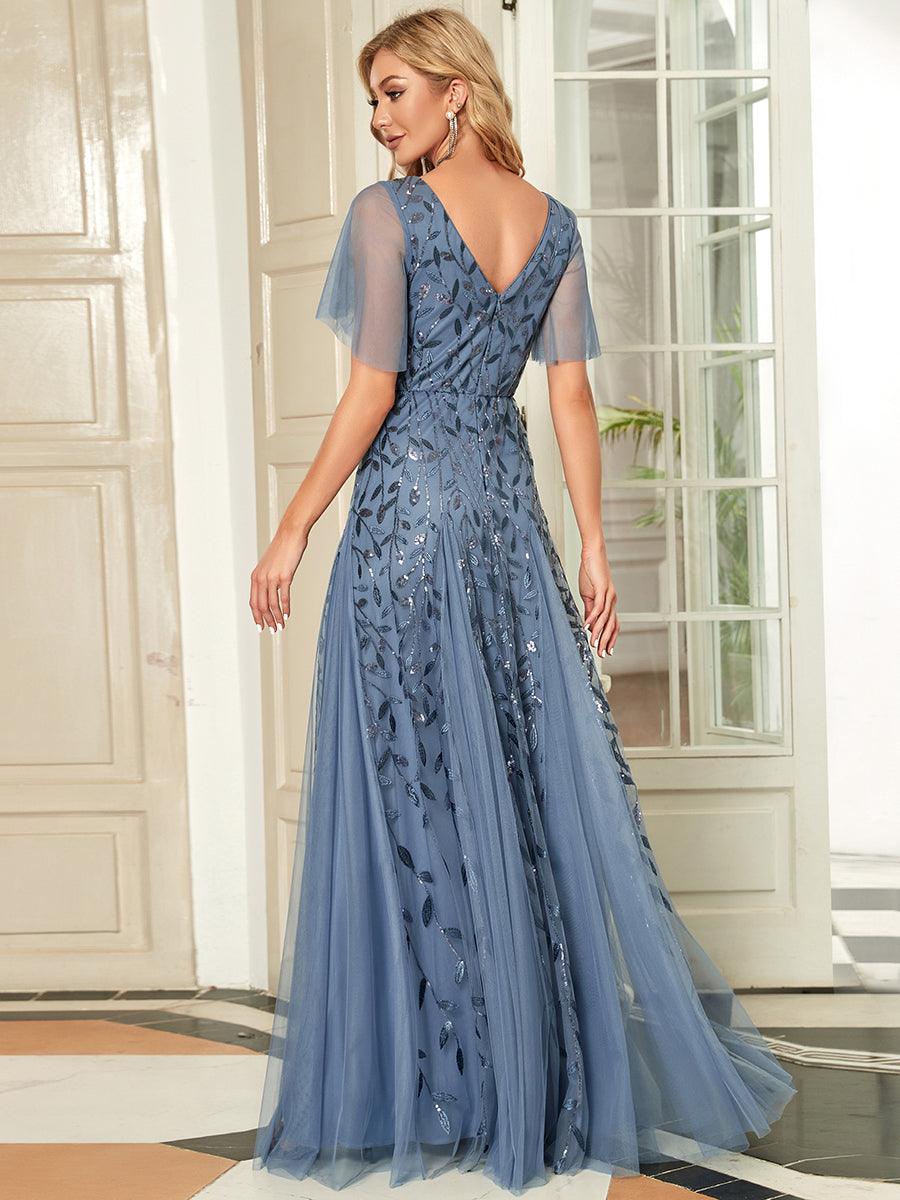 Robe de Soirée Longue Romantique et Scintillante à Col V et Pailletes #Couleur_Marine Fume