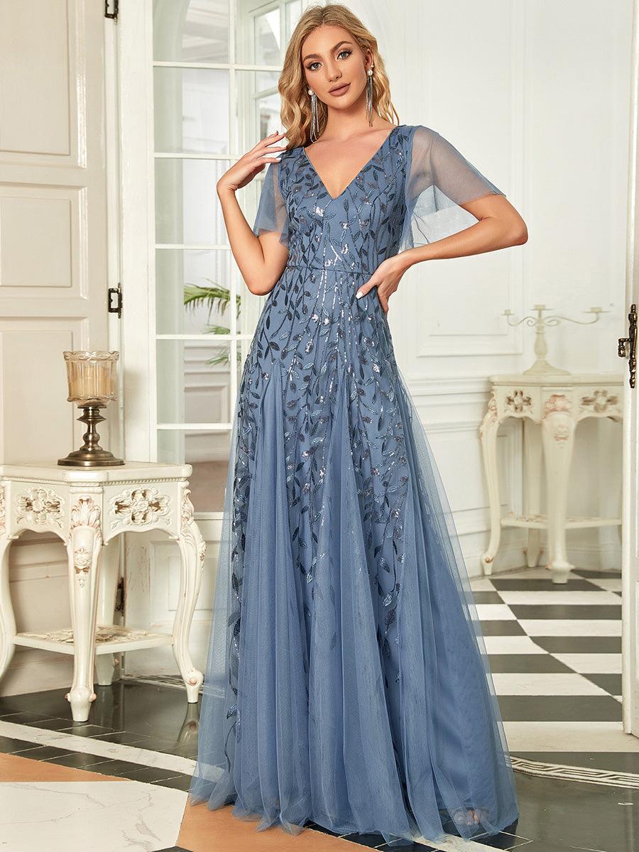 Robe de Soirée Longue Romantique et Scintillante à Col V et Pailletes #Couleur_Marine Fume