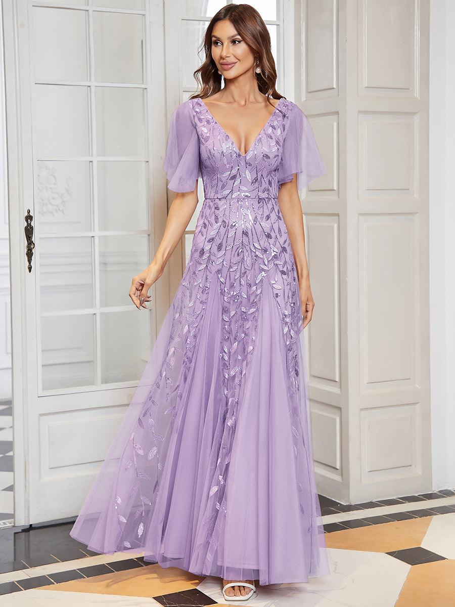 Robe de Soirée Longue Romantique et Scintillante à Col V et Pailletes #Couleur_Lavande