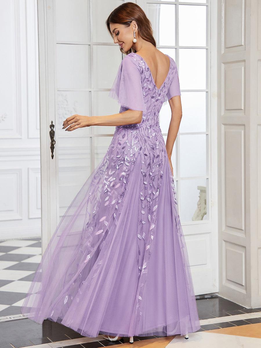 Robe de Soirée Longue Romantique et Scintillante à Col V et Pailletes #Couleur_Lavande