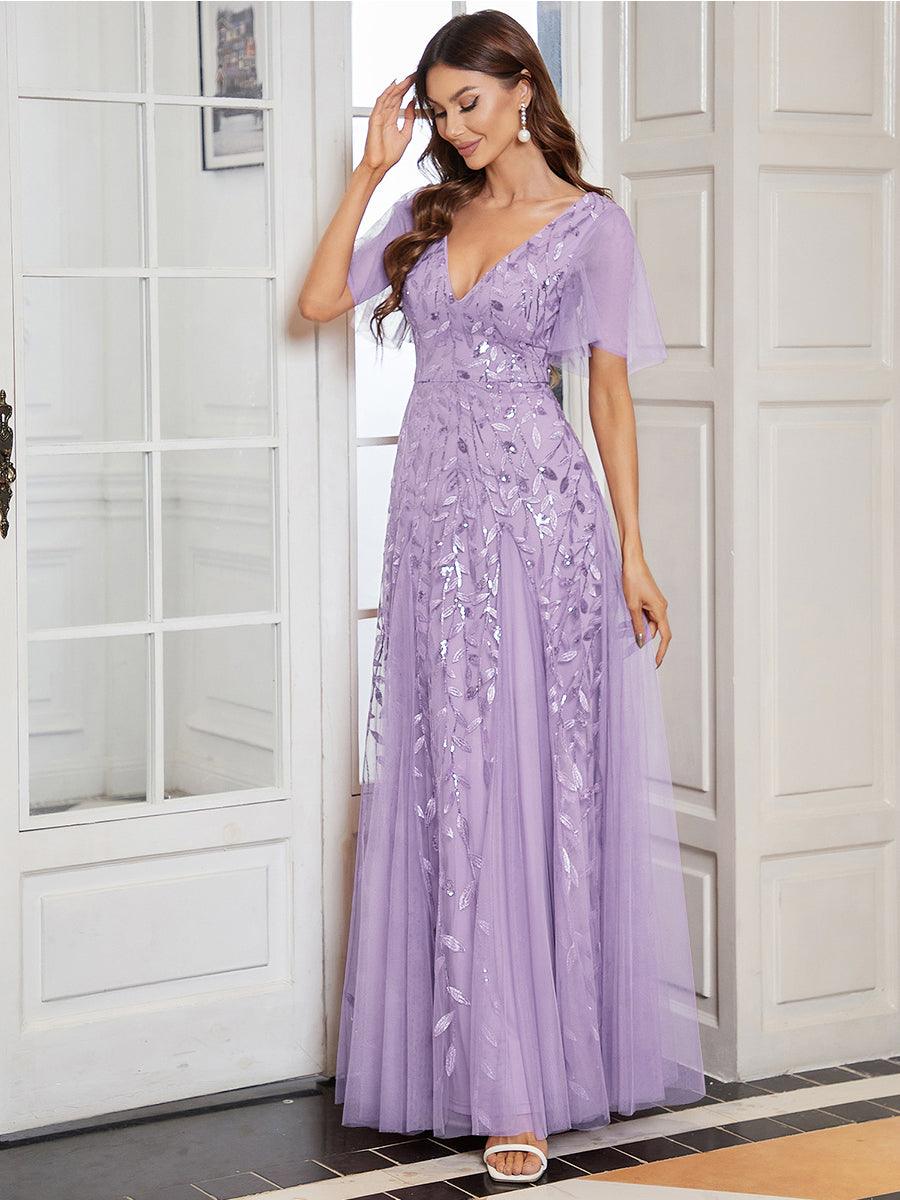 Robe de Soirée Longue Romantique et Scintillante à Col V et Pailletes #Couleur_Lavande