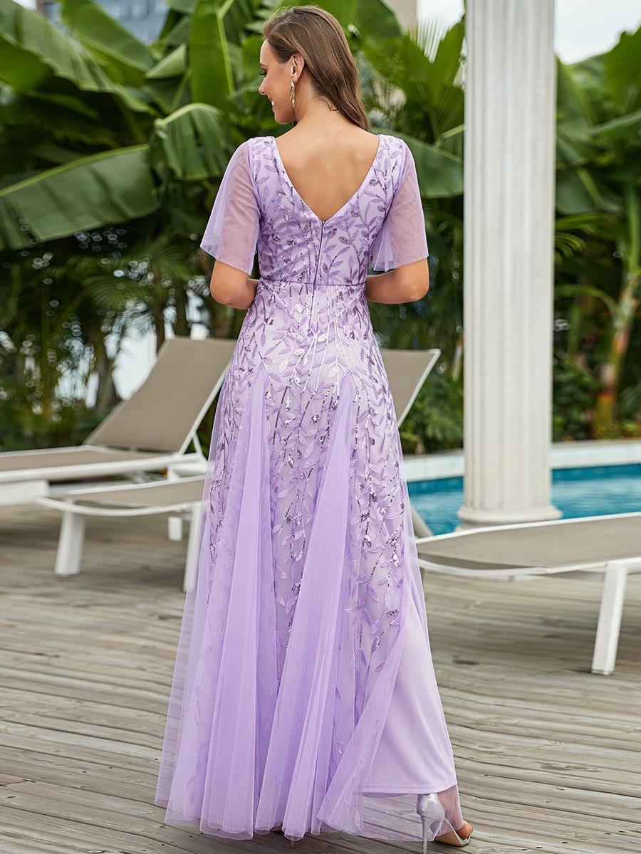 Robe de Soirée Longue Romantique et Scintillante à Col V et Pailletes #Couleur_Lavande