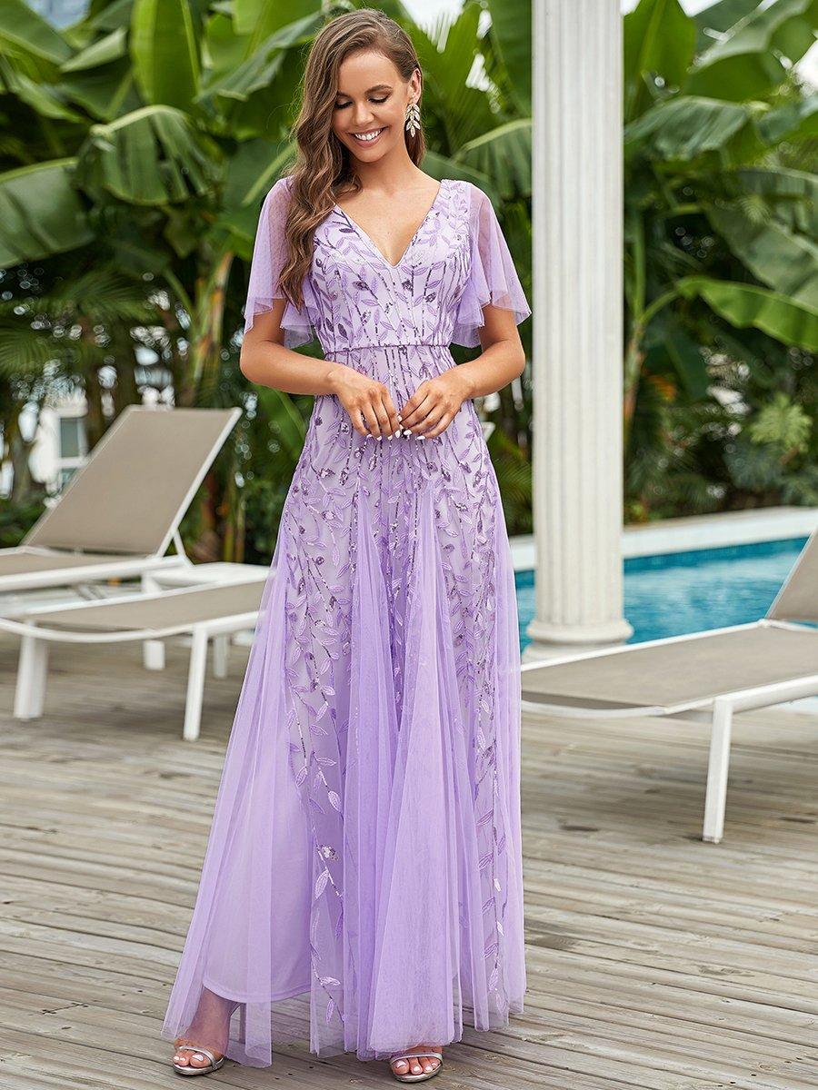 Robe de Soirée Longue Romantique et Scintillante à Col V et Pailletes #Couleur_Lavande