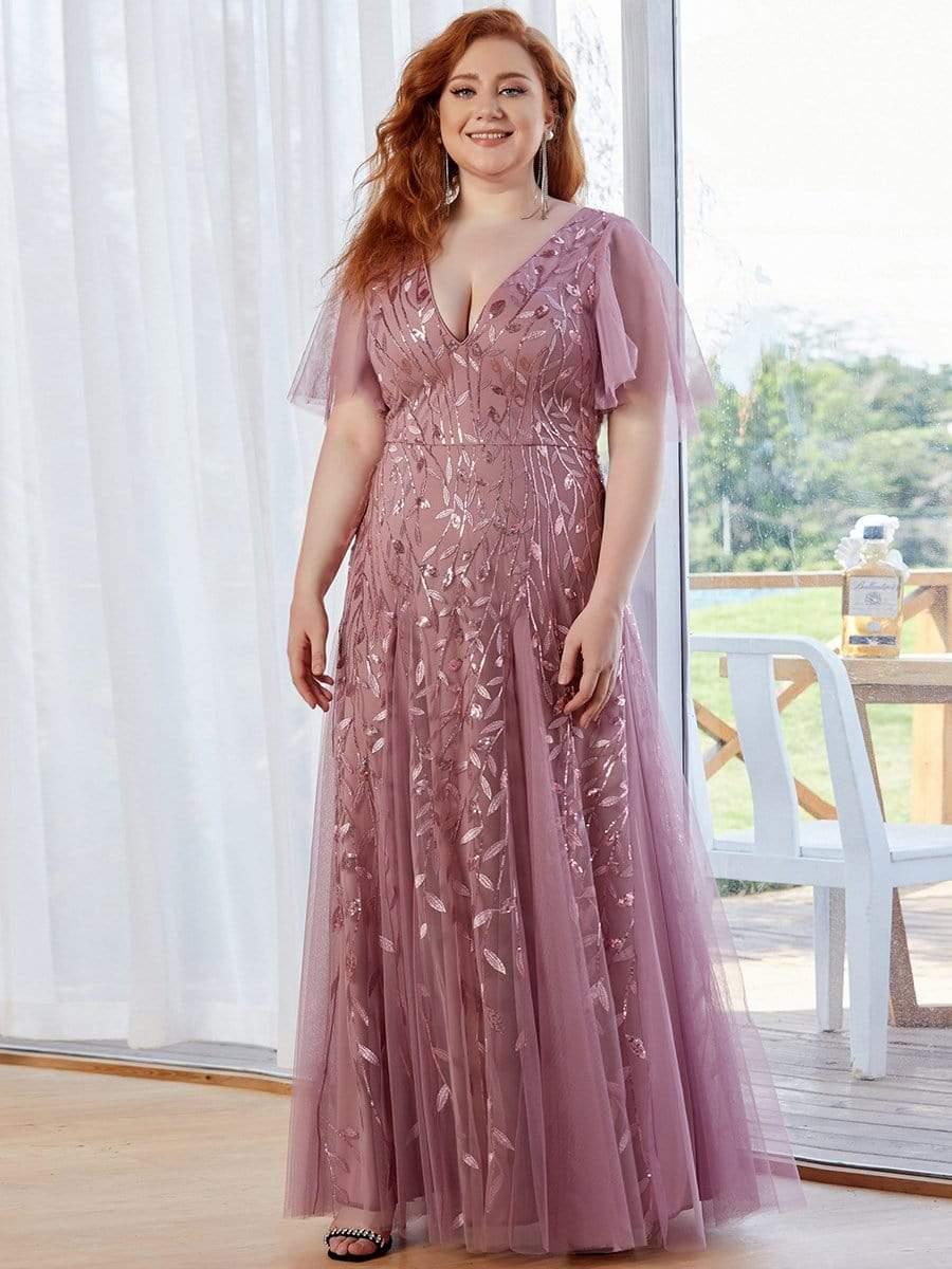 Grande Taille Robe de Soirée Longue Romantique et Scintillante à Col V et Pailletes