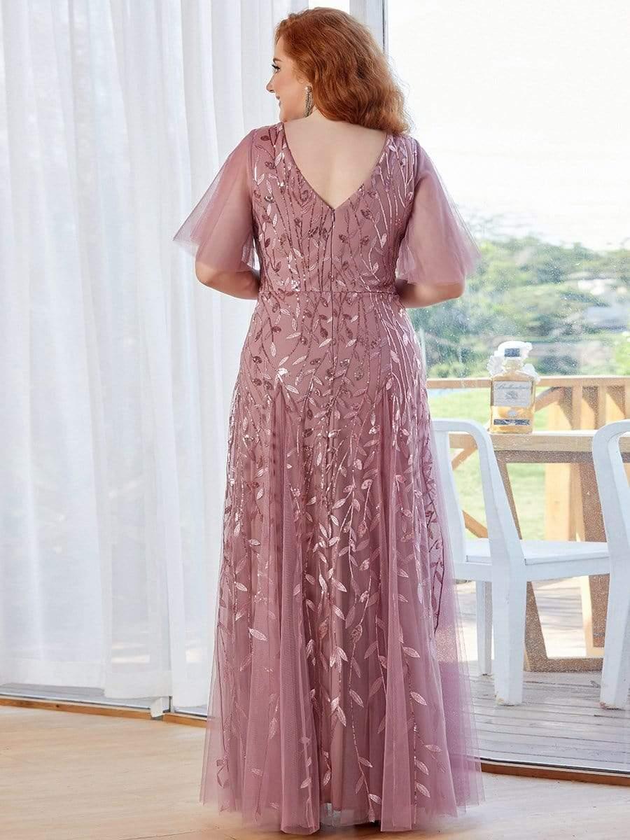 Grande Taille Robe de Soirée Longue Romantique et Scintillante à Col V et Pailletes