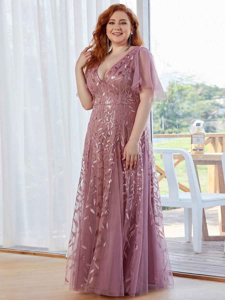 Robe de Soirée Longue Romantique et Scintillante à Col V et Pailletes #Couleur_Orchidee