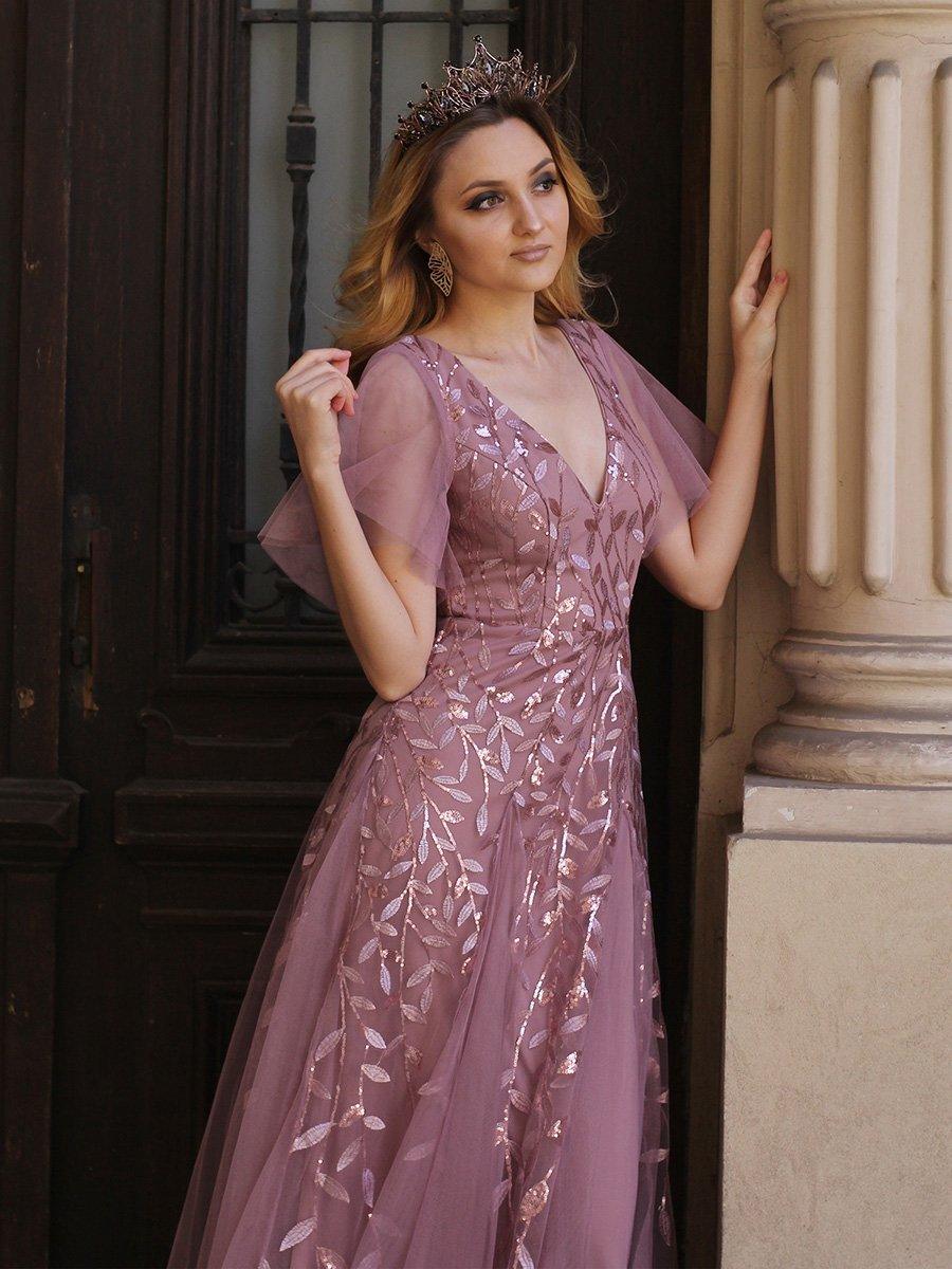 Robe de Soirée Longue Romantique et Scintillante à Col V et Pailletes #Couleur_Orchidee