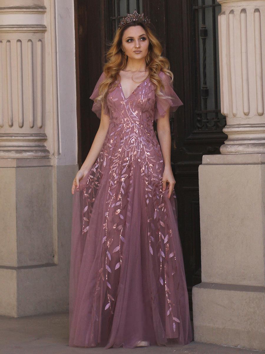 Robe de Soirée Longue Romantique et Scintillante à Col V et Pailletes #Couleur_Orchidee