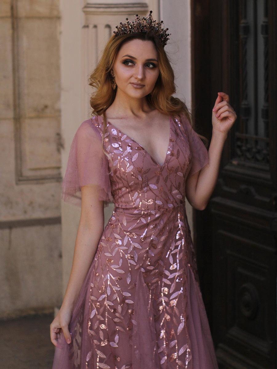 Robe de Soirée Longue Romantique et Scintillante à Col V et Pailletes #Couleur_Orchidee
