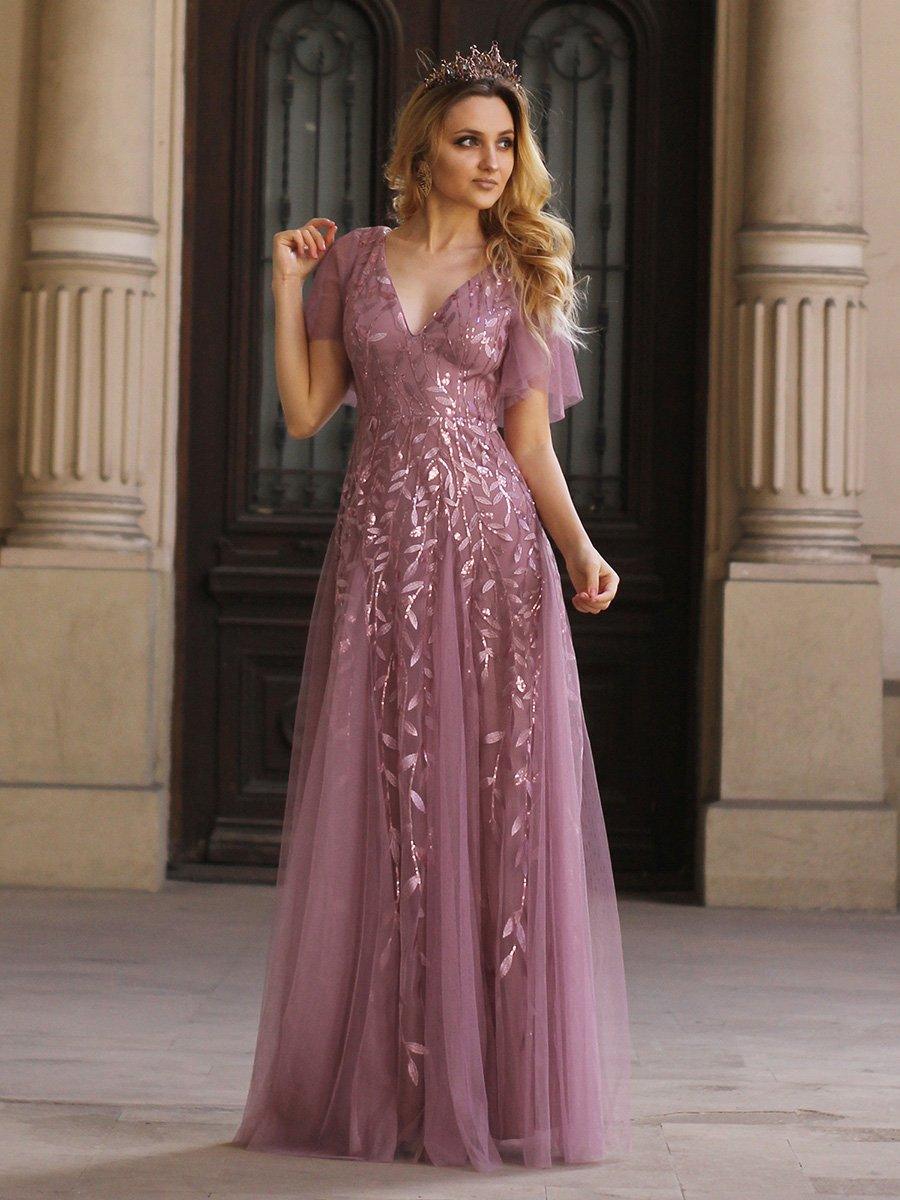 Robe de Soirée Longue Romantique et Scintillante à Col V et Pailletes #Couleur_Orchidee