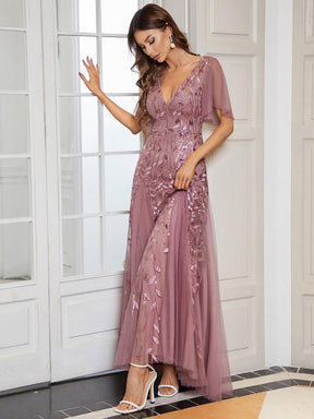 Taille Personnalisée Robe de Soirée Longue Romantique et Scintillante à Col V et Pailletes