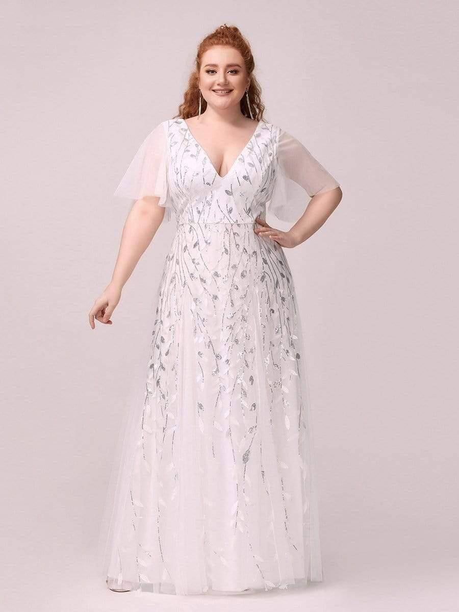 Grande Taille Robe de Soirée Longue Romantique et Scintillante à Col V et Pailletes