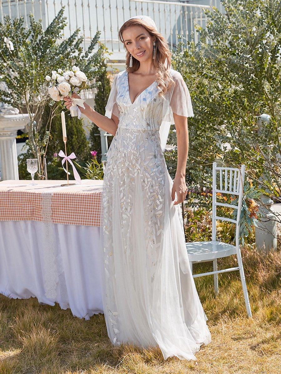 Robe de mariée moderne brodée longue au sol en sequins #Couleur_Blanc