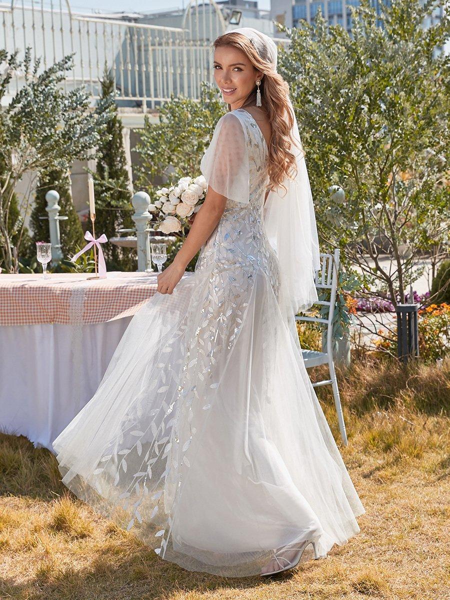 Robe de mariée moderne brodée longue au sol en sequins #Couleur_Blanc