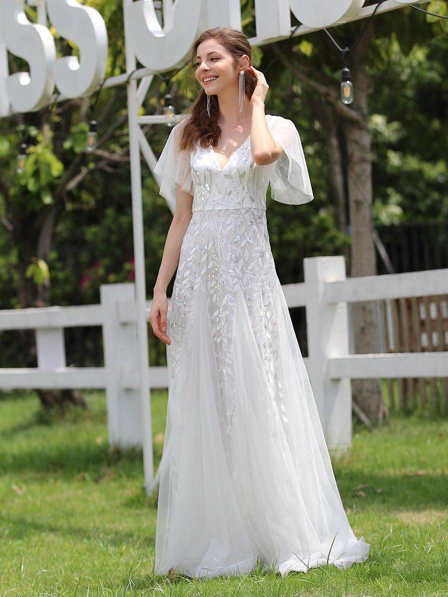Robe de Soirée Longue Romantique et Scintillante à Col V et Pailletes #Couleur_Blanc