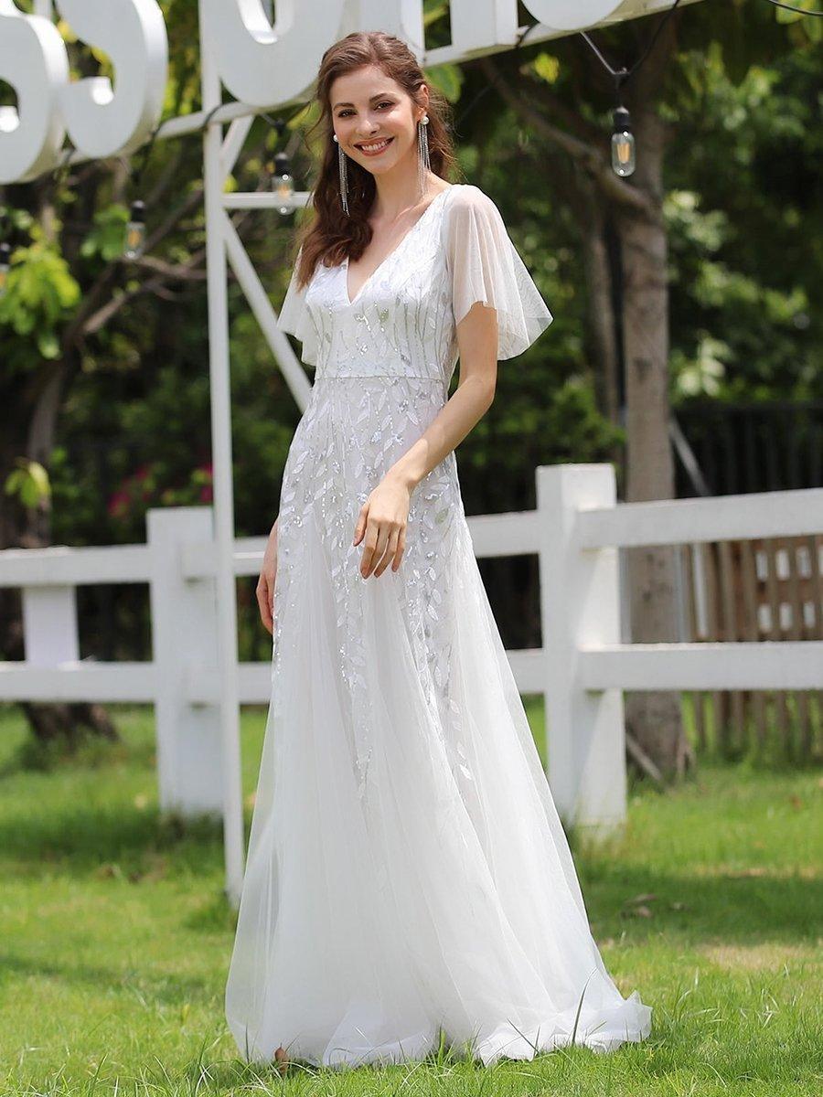 Robe de Soirée Longue Romantique et Scintillante à Col V et Pailletes #Couleur_Blanc