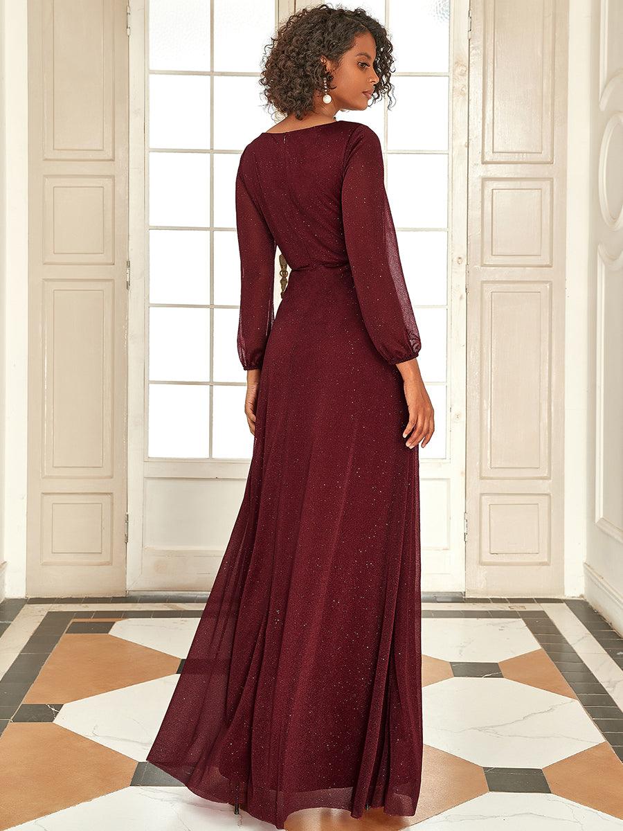 Robe de Cérémonie Longue Brillante à Col en V avec Manches Longues #Couleur_Bordeaux