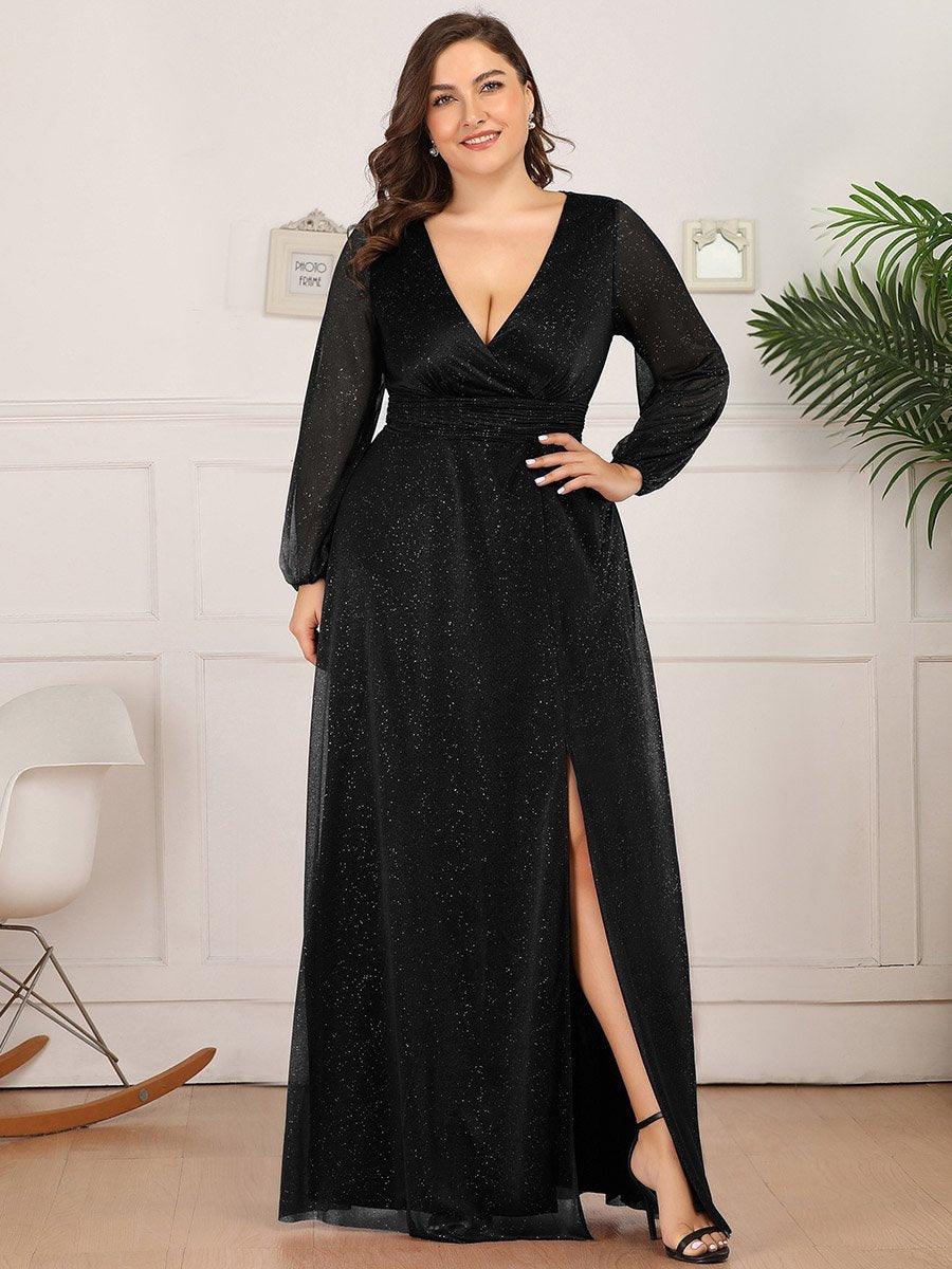 Robe de Cérémonie Grande Taille Longue Brillante à Col en V #Couleur_Noir