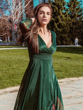Robe de Cérémonie Longue Brillante à Col en V avec Manches Longues