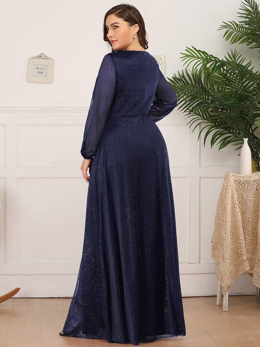 Robe de Cérémonie Grande Taille Longue Brillante à Col en V #Couleur_Bleu Marine