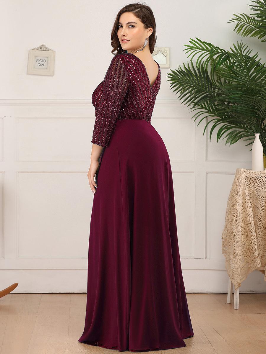 Robe de Soirée Longue Sexy à Col en V et Paillettes avec Manches 3/4 #Couleur_Bordeaux