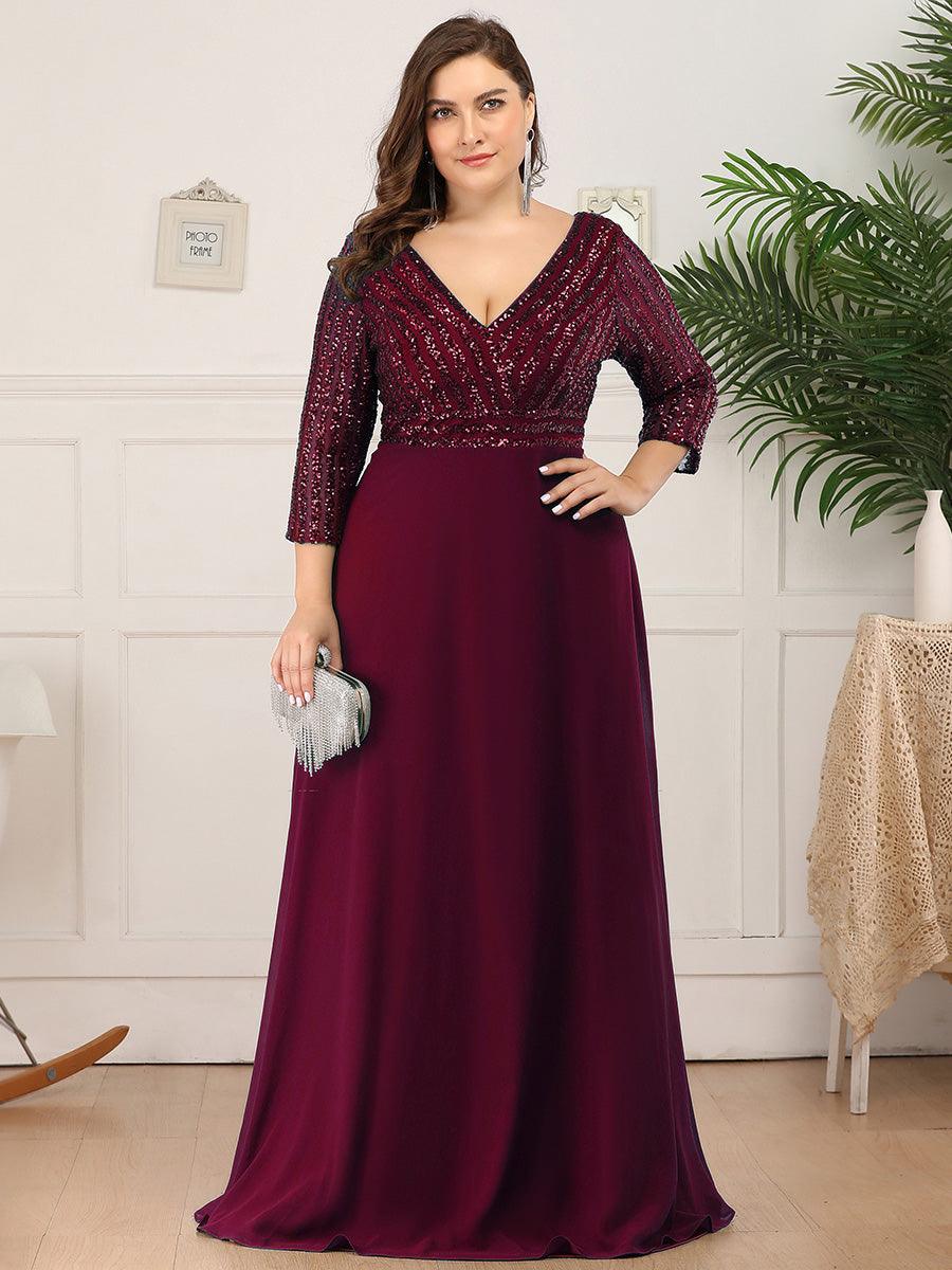 Robe de Soirée Longue Sexy à Col en V et Paillettes avec Manches 3/4 #Couleur_Bordeaux