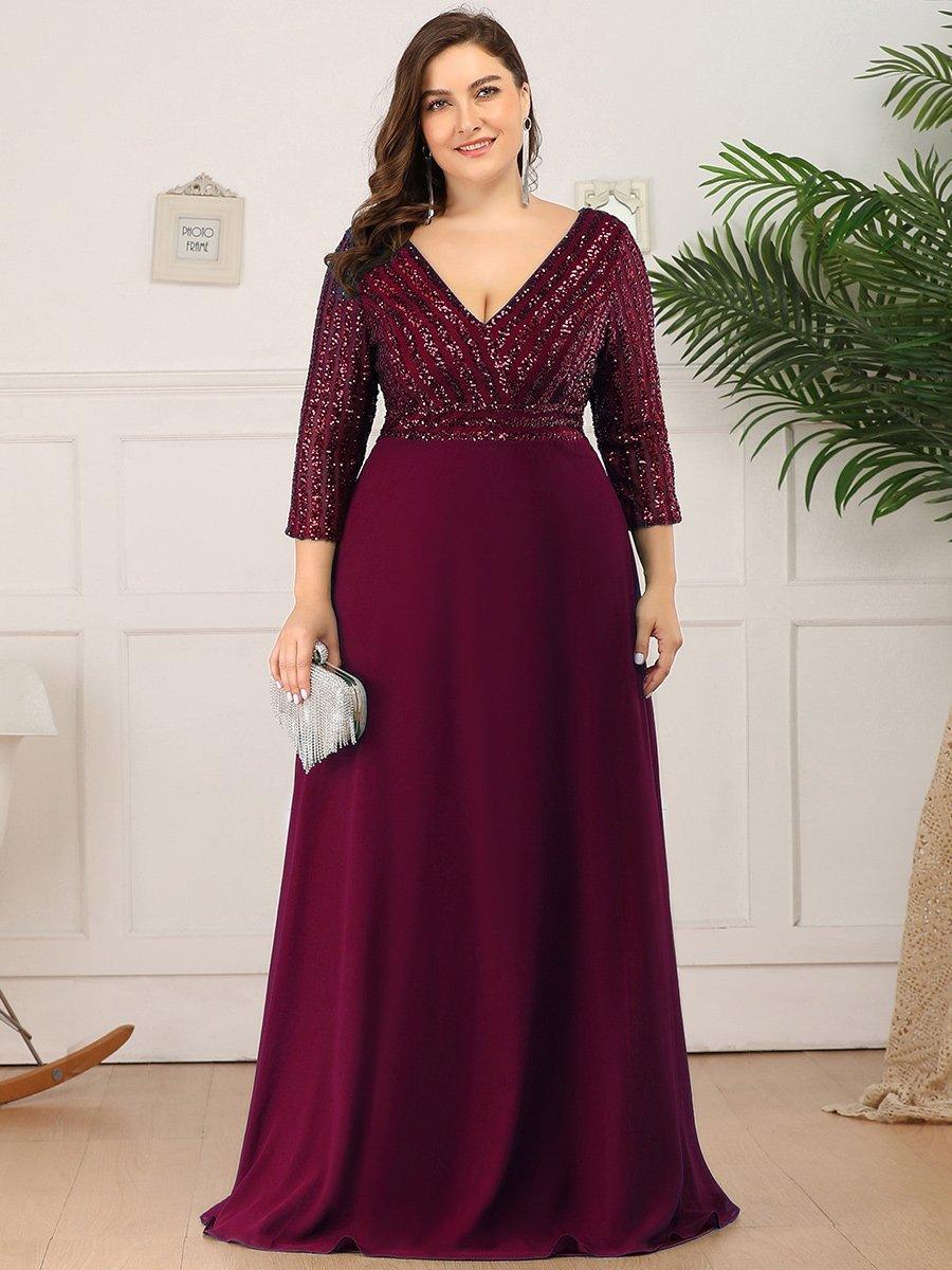 Robe de soirée à paillettes, col V, taille plus, avec manches, décolleté en A #Couleur_Bordeaux