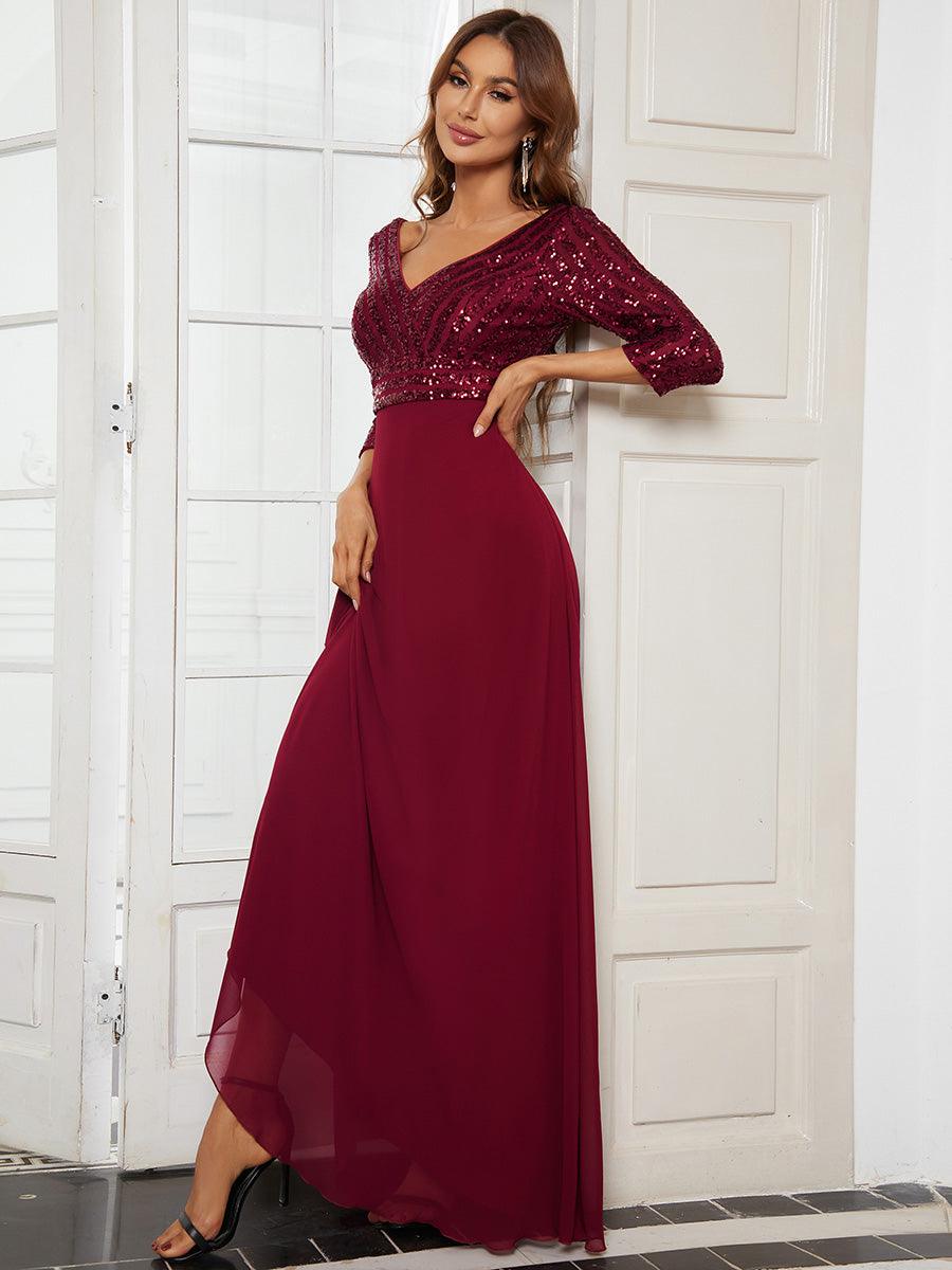 Robe de Soirée Longue Sexy à Col en V et Paillettes avec Manches 3/4 #Couleur_Bordeaux