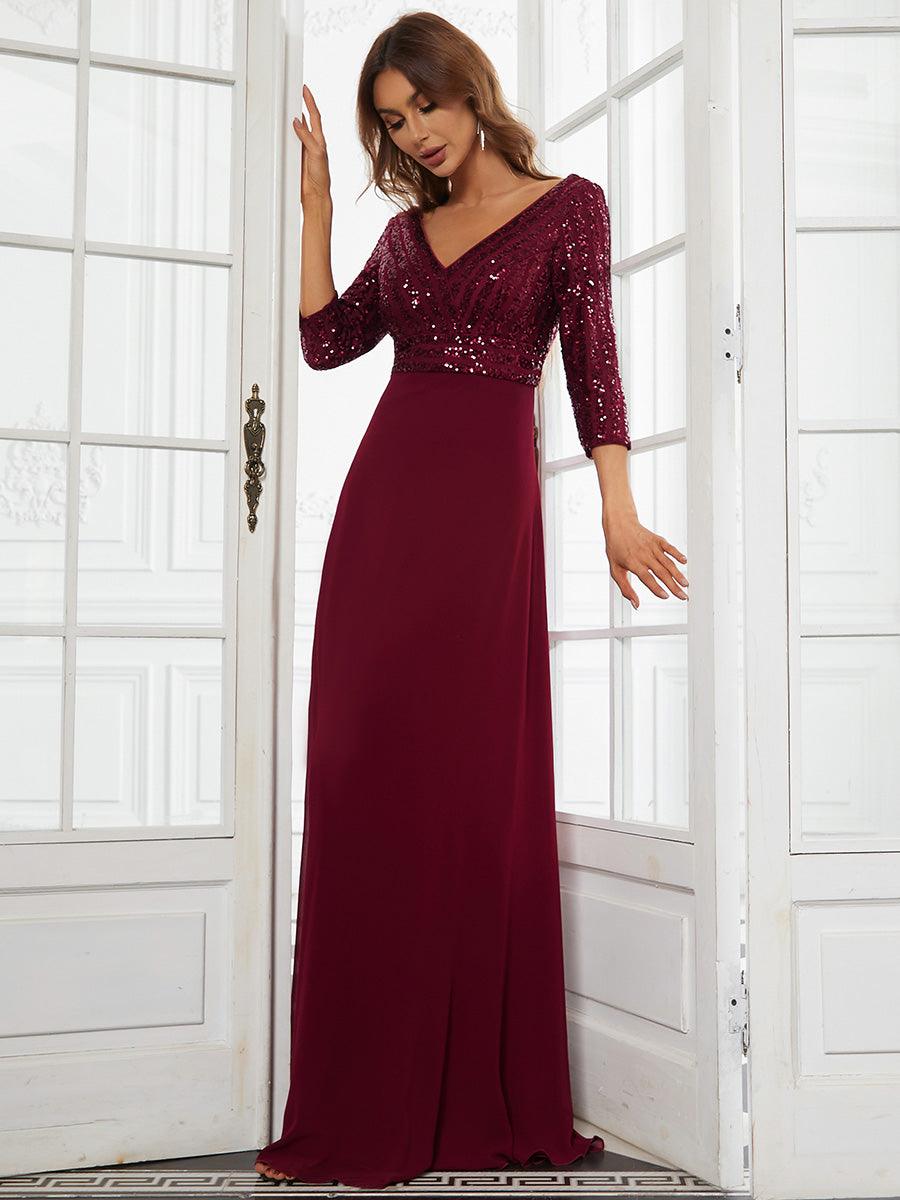 Robe de Soirée Longue Sexy à Col en V et Paillettes avec Manches 3/4 #Couleur_Bordeaux
