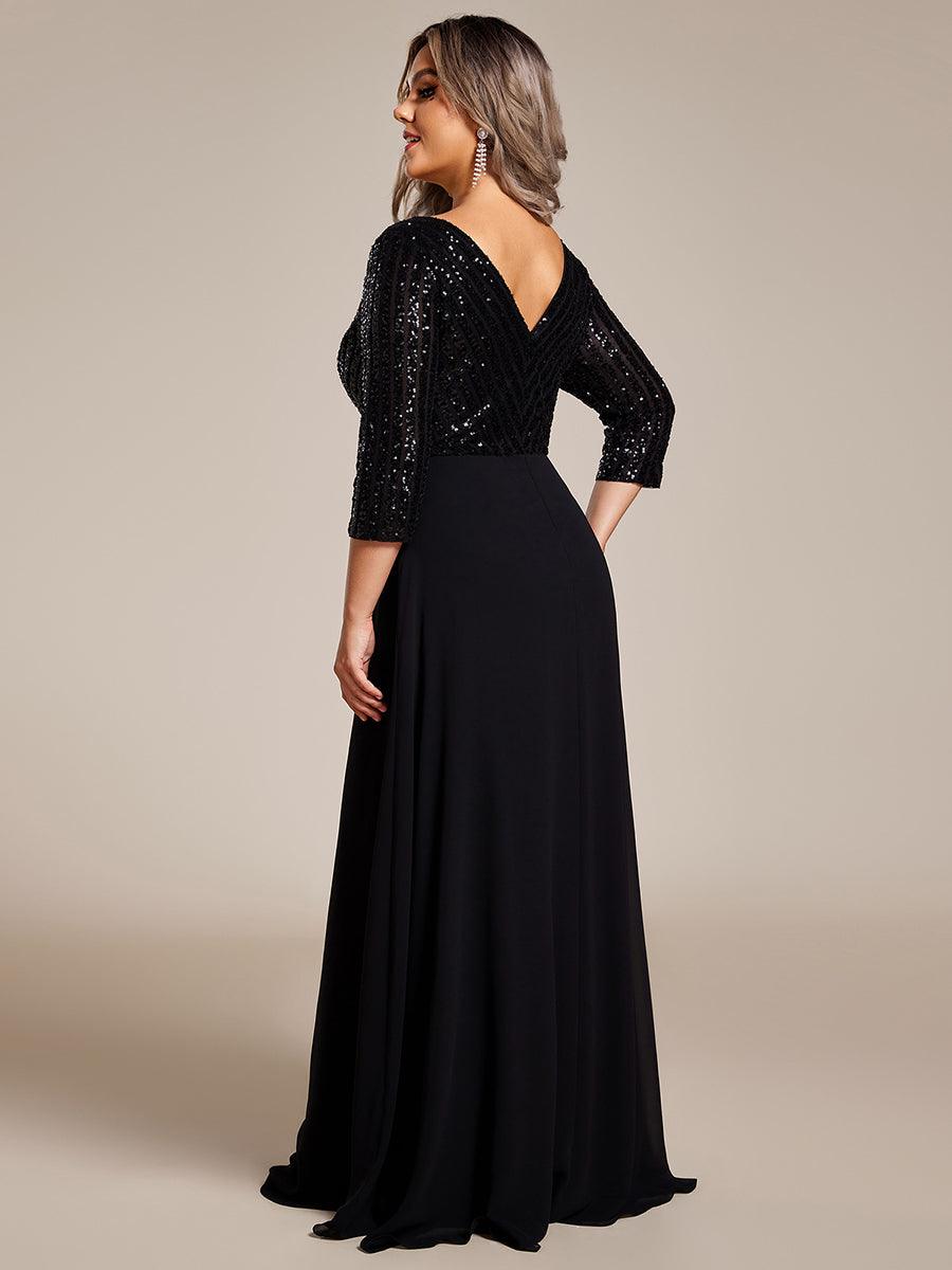 Robe de Soirée Longue Sexy à Col en V et Paillettes avec Manches 3/4 #Couleur_Noir
