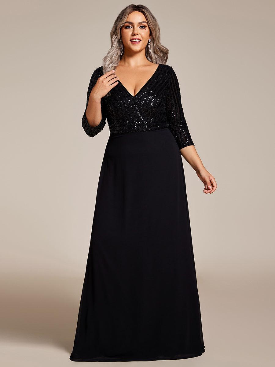 Robe de Soirée Longue Sexy à Col en V et Paillettes avec Manches 3/4 #Couleur_Noir