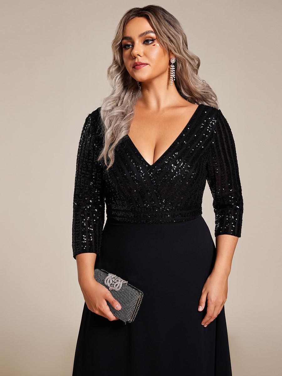 Robe de Soirée Longue Sexy à Col en V et Paillettes avec Manches 3/4 #Couleur_Noir