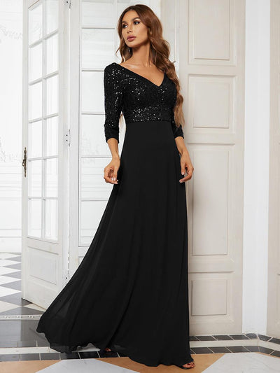 ever LUENA|Robe Longue Sensuelle Col en V Paillettes Manches 3/4