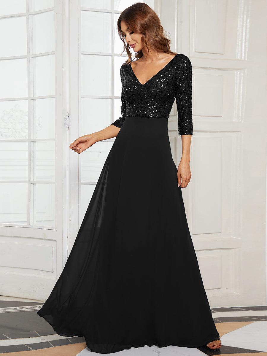 Robe de Soirée Longue Sexy à Col en V et Paillettes avec Manches 3/4 #Couleur_Noir