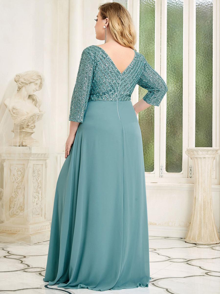 Robe de Soirée Longue Sexy à Col en V et Paillettes avec Manches 3/4 #Couleur_Bleu Fume