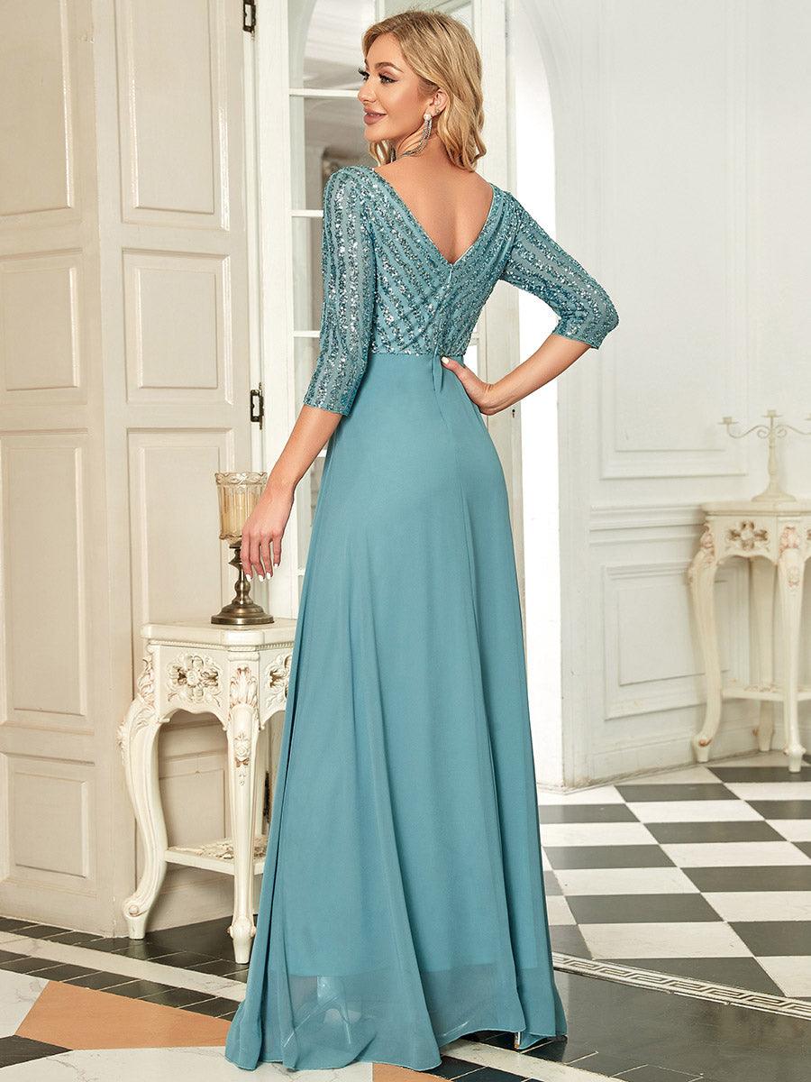 Robe de Soirée Longue Sexy à Col en V et Paillettes avec Manches 3/4 #Couleur_Bleu Fume