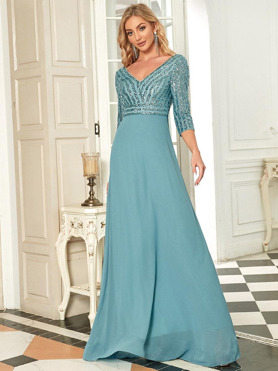 Robe de Soirée Longue Sexy à Col en V et Paillettes avec Manches 3/4 #Couleur_Bleu Fume