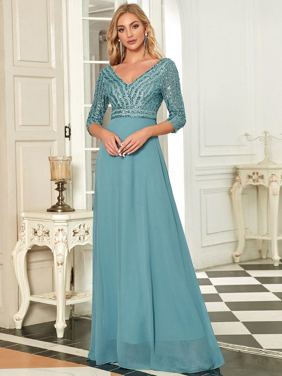Robe de Soirée Longue Sexy à Col en V et Paillettes avec Manches 3/4 #Couleur_Bleu Fume