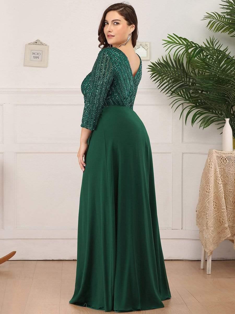 Robe de Soirée Longue Sexy à Col en V et Paillettes avec Manches 3/4 #Couleur_Vert Fonce