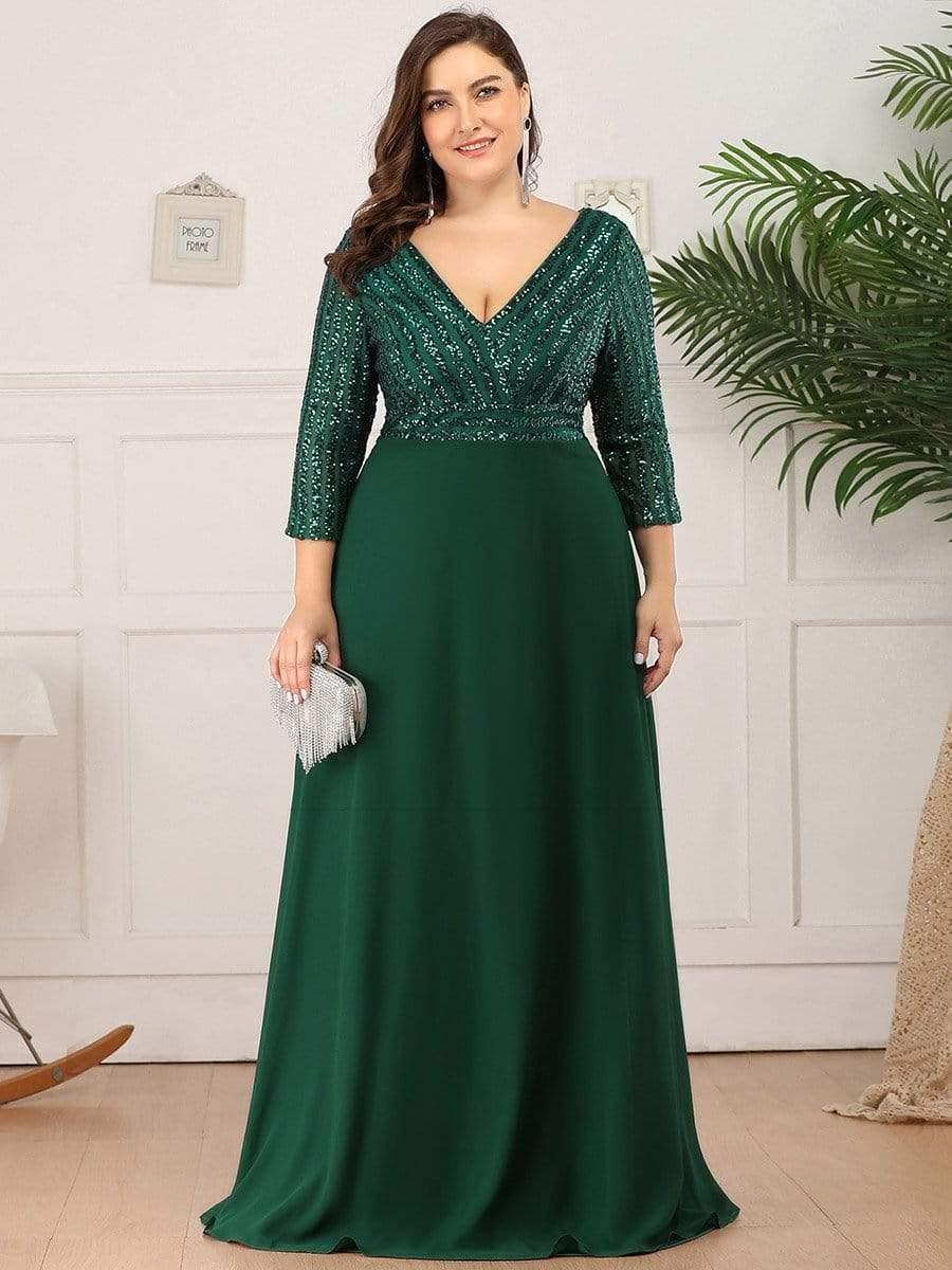 Robe de Soirée Longue Sexy à Col en V et Paillettes avec Manches 3/4 #Couleur_Vert Fonce
