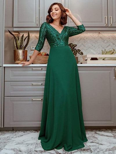 ever LUENA|Robe Longue Sensuelle Col en V Paillettes Manches 3/4