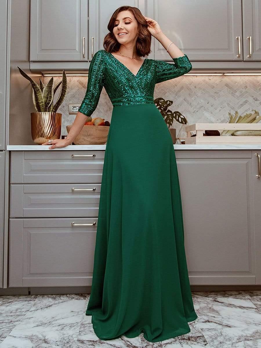 Robe de Soirée Longue Sexy à Col en V et Paillettes avec Manches 3/4 #Couleur_Vert Fonce