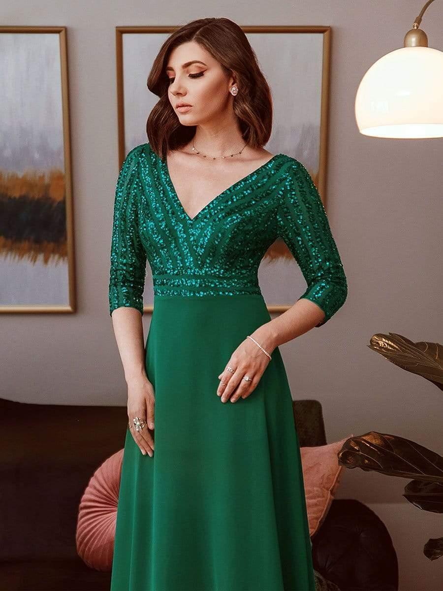 Robe de Soirée Longue Sexy à Col en V et Paillettes avec Manches 3/4 #Couleur_Vert Fonce
