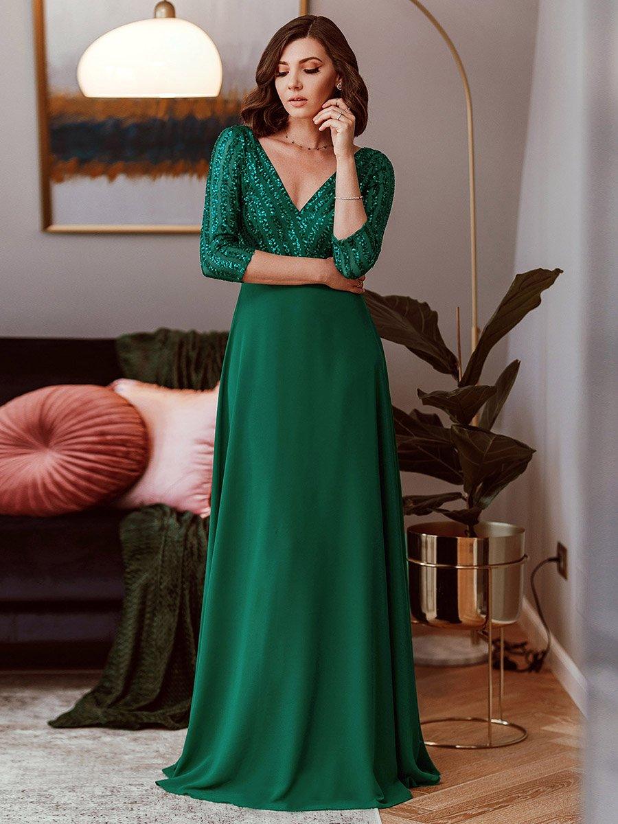 Robe de Soirée Longue Sexy à Col en V et Paillettes avec Manches 3/4 #Couleur_Vert Fonce